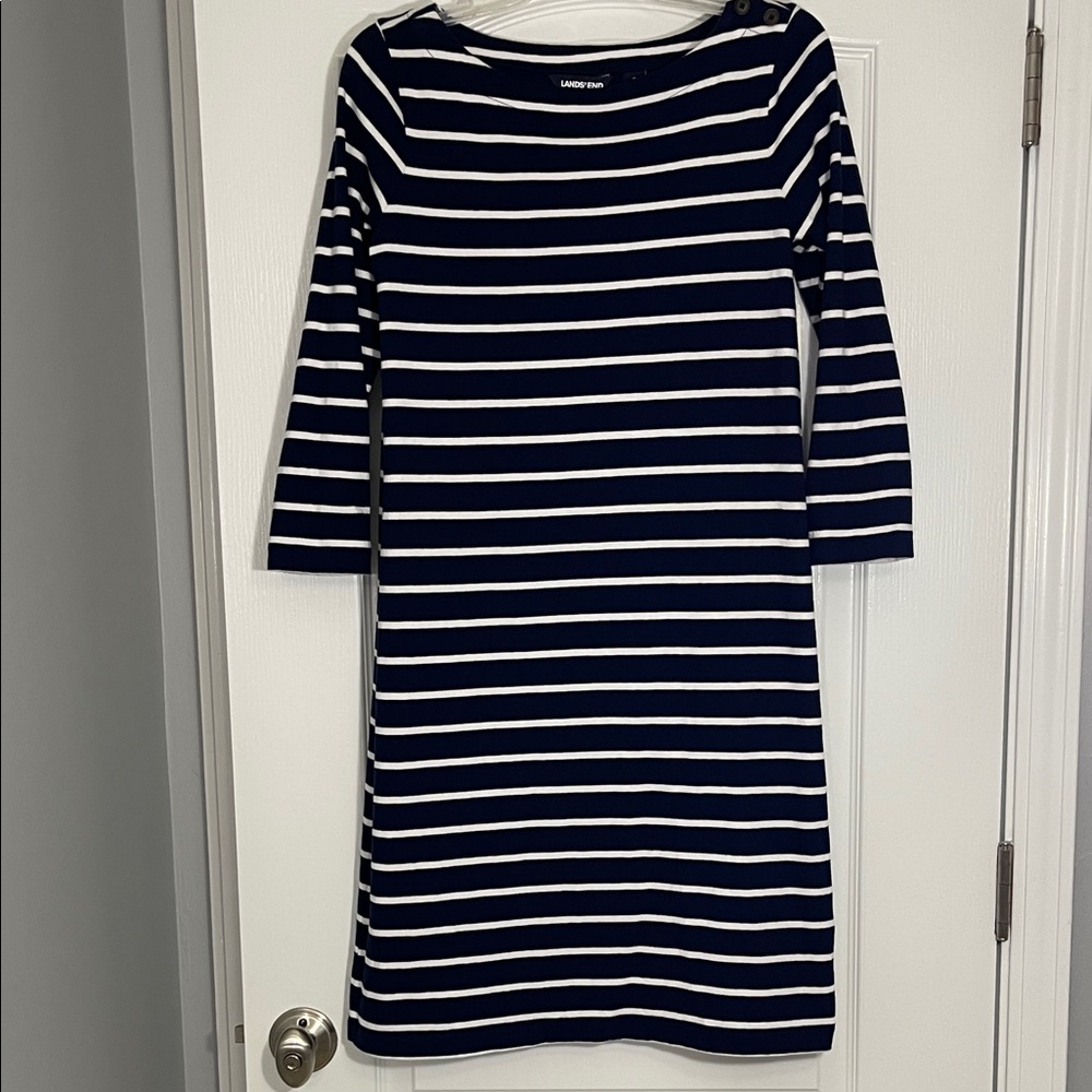 Lands' End Navy and White 3/4 Sleeve Dress Size S
